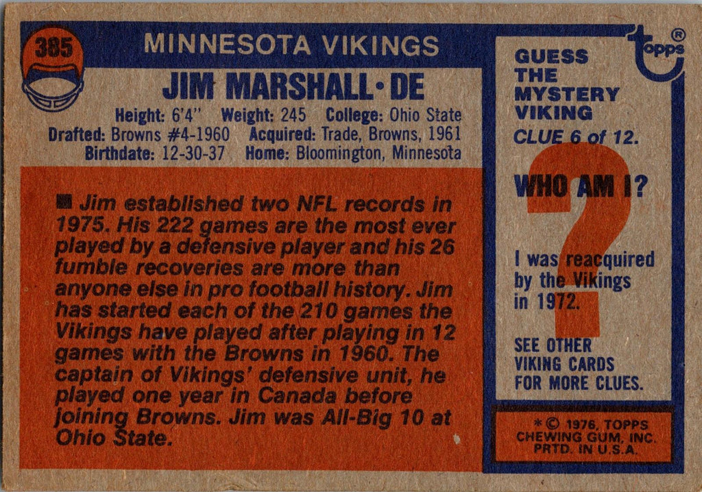 1976 Topps #385 Jim Marshall