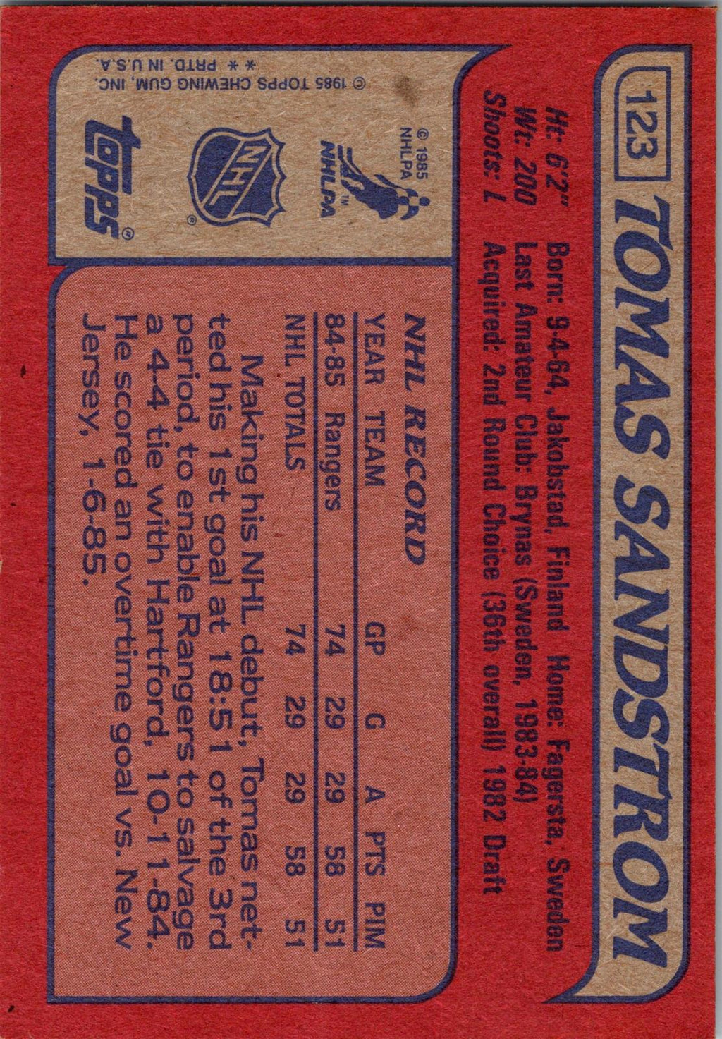 1985-86 Topps #123 Tomas Sandstrom
