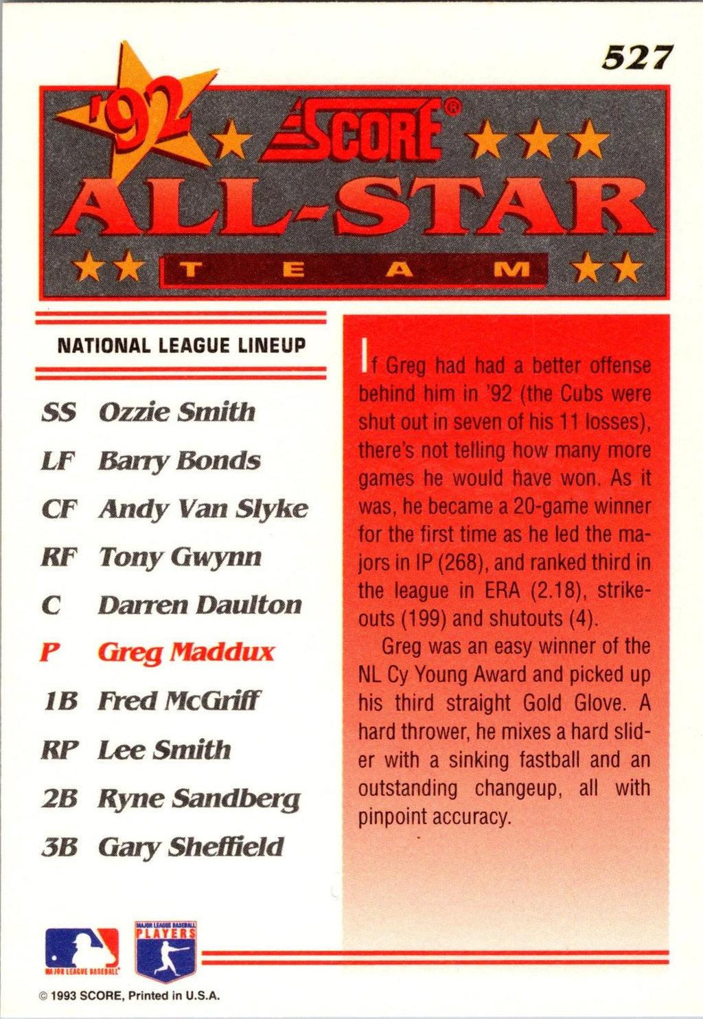 1993 Score #527 Greg Maddux
