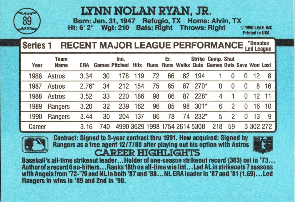 1991 Donruss #89b Nolan Ryan