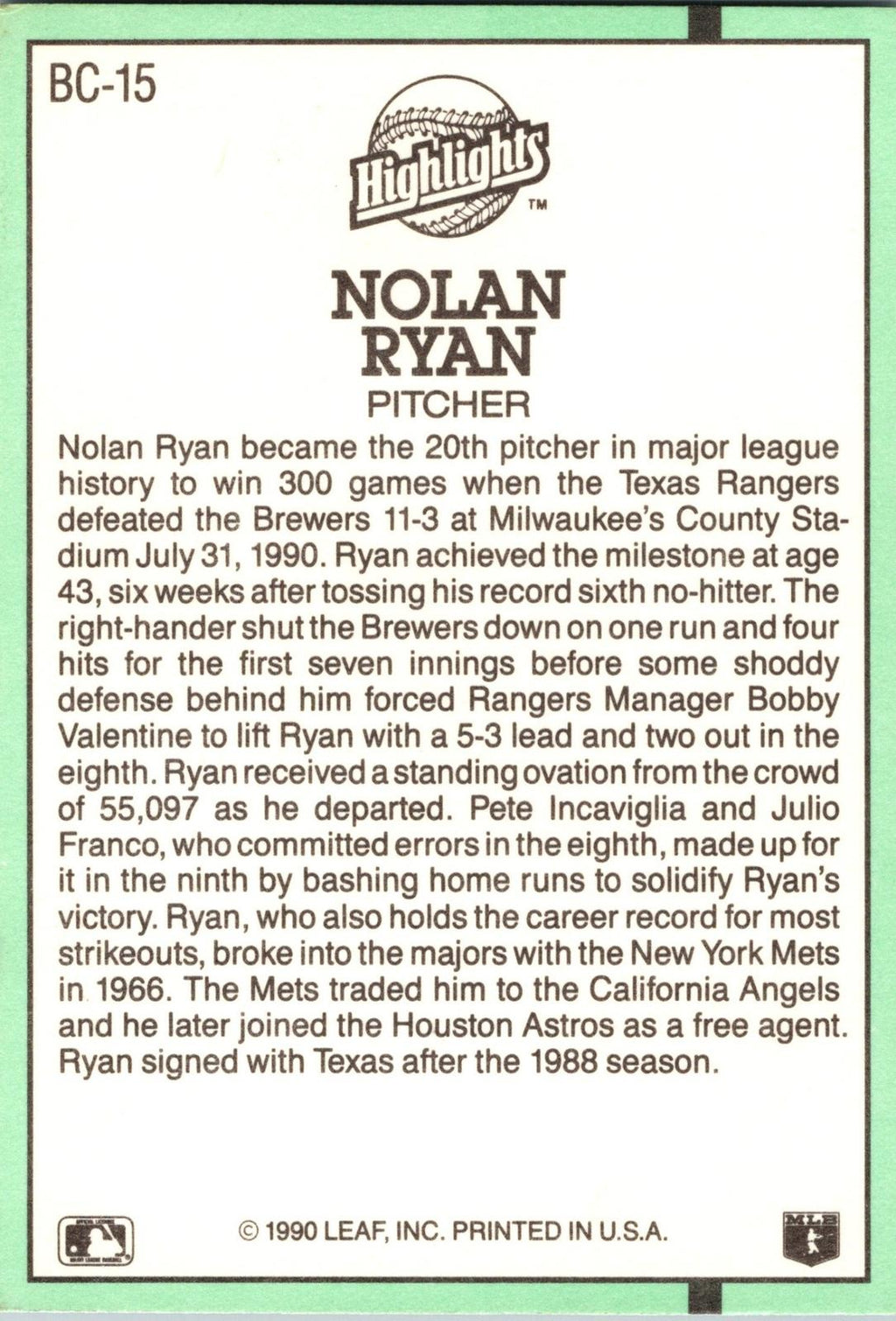 1991 Donruss #BC-15 Nolan Ryan Bonus Cards