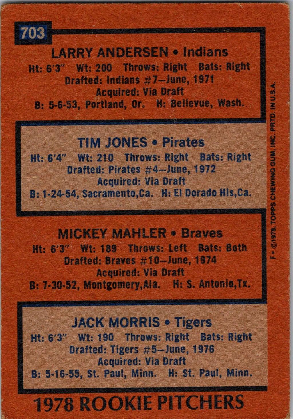 1978 Topps #703 1978 Rookie Pitchers (Andersen /Jones / Mahler / Jack Morris)
