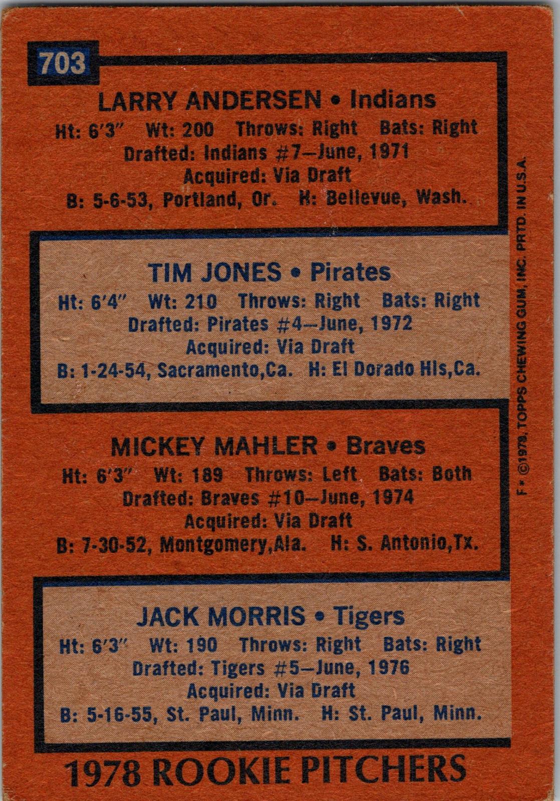 1978 Topps #703 1978 Rookie Pitchers (Andersen /Jones / Mahler / Jack Morris)