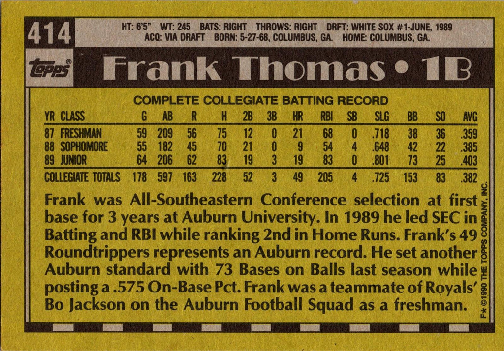 1990 Topps #414c Frank Thomas : Partial black outline around name on front