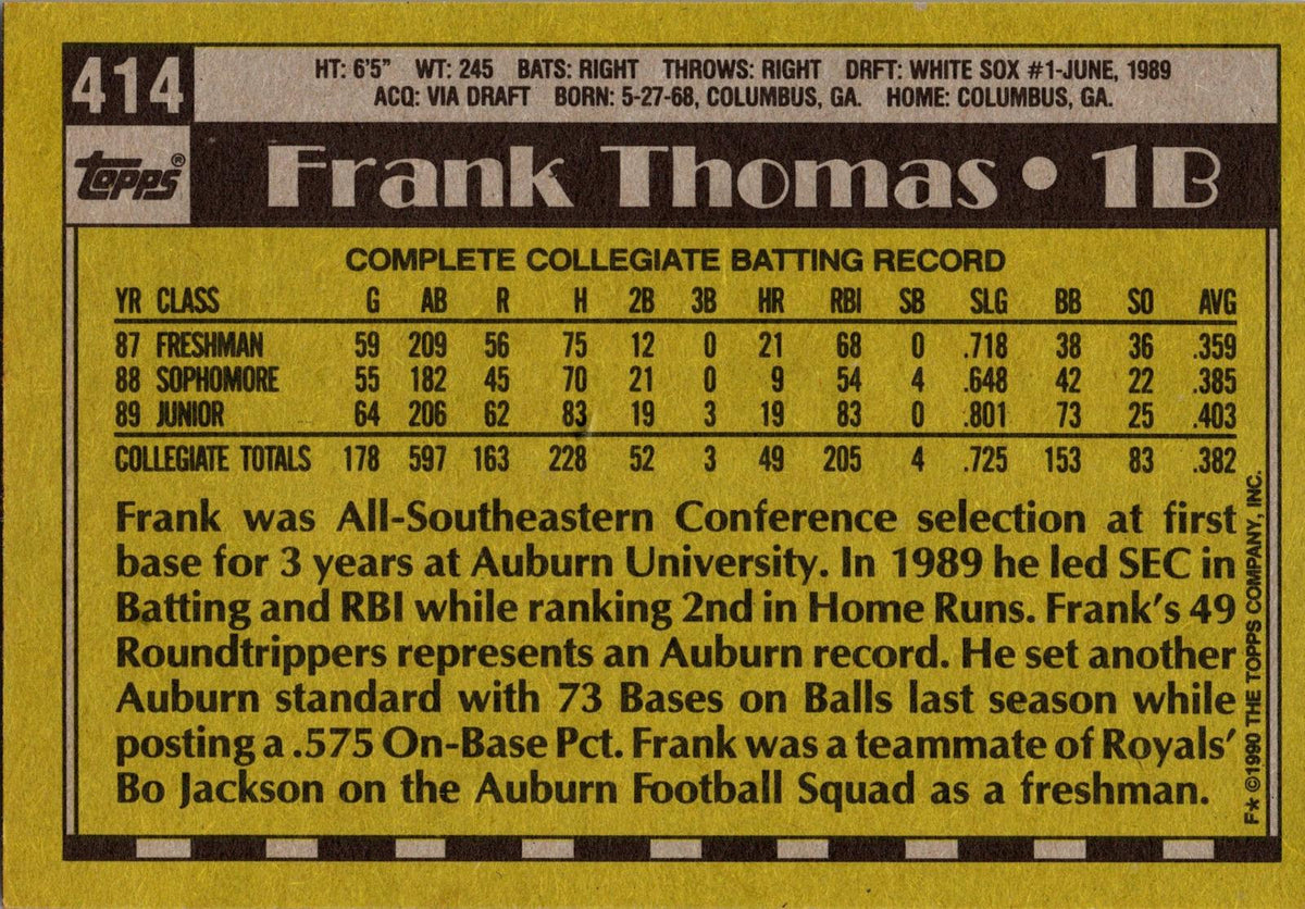 1990 Topps #414c Frank Thomas : Partial black outline around name on front