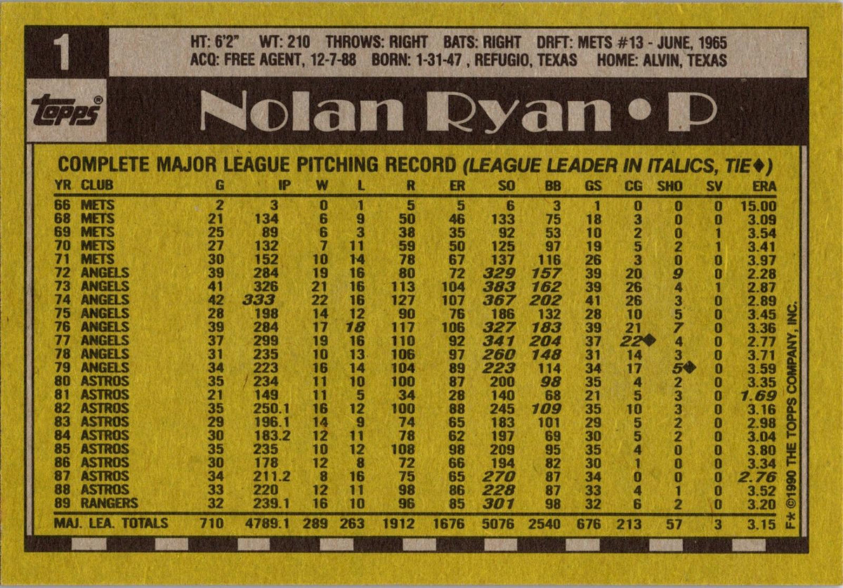 1990 Topps #1 Nolan Ryan