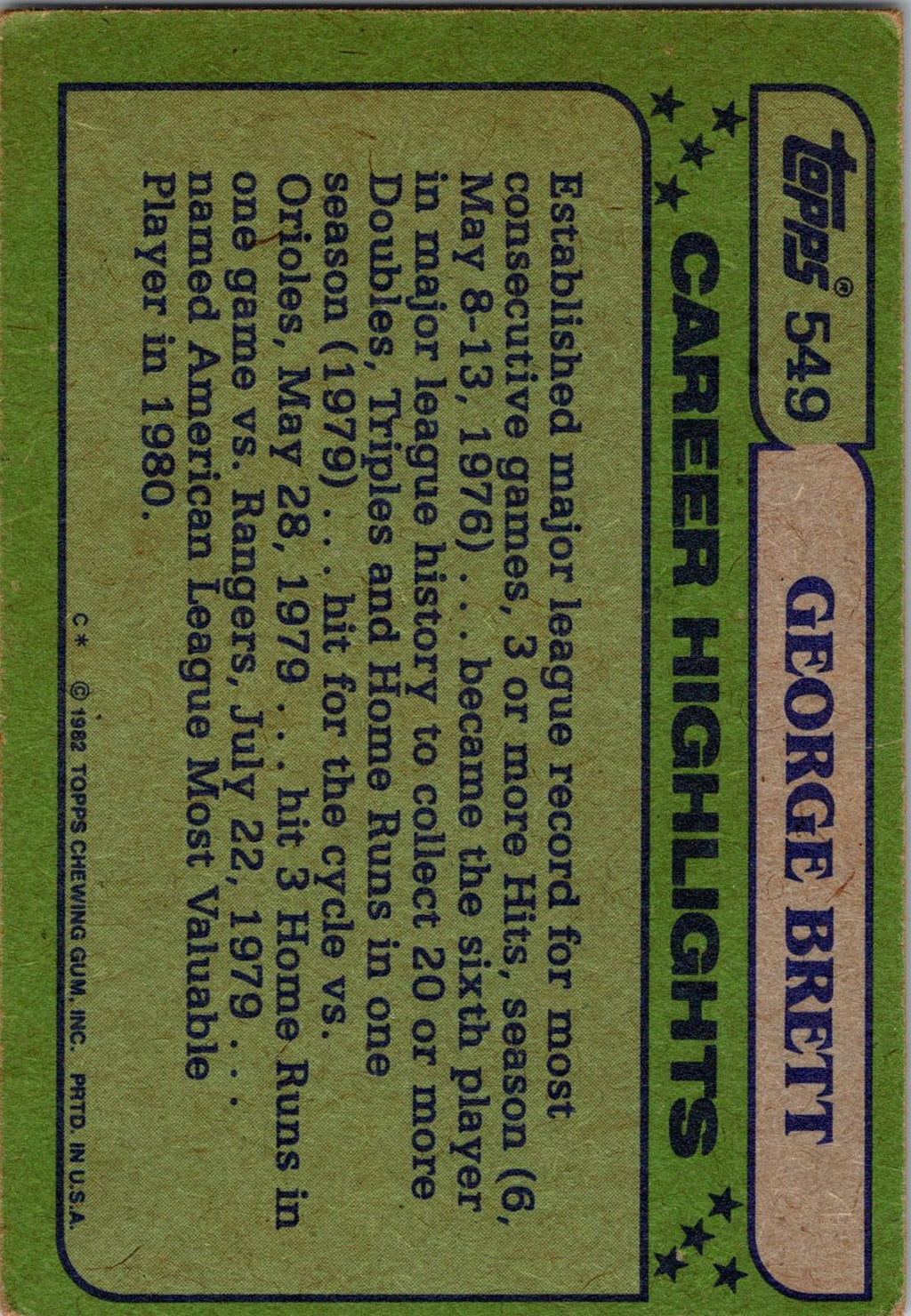 1982 Topps #549 George Brett Blackless
