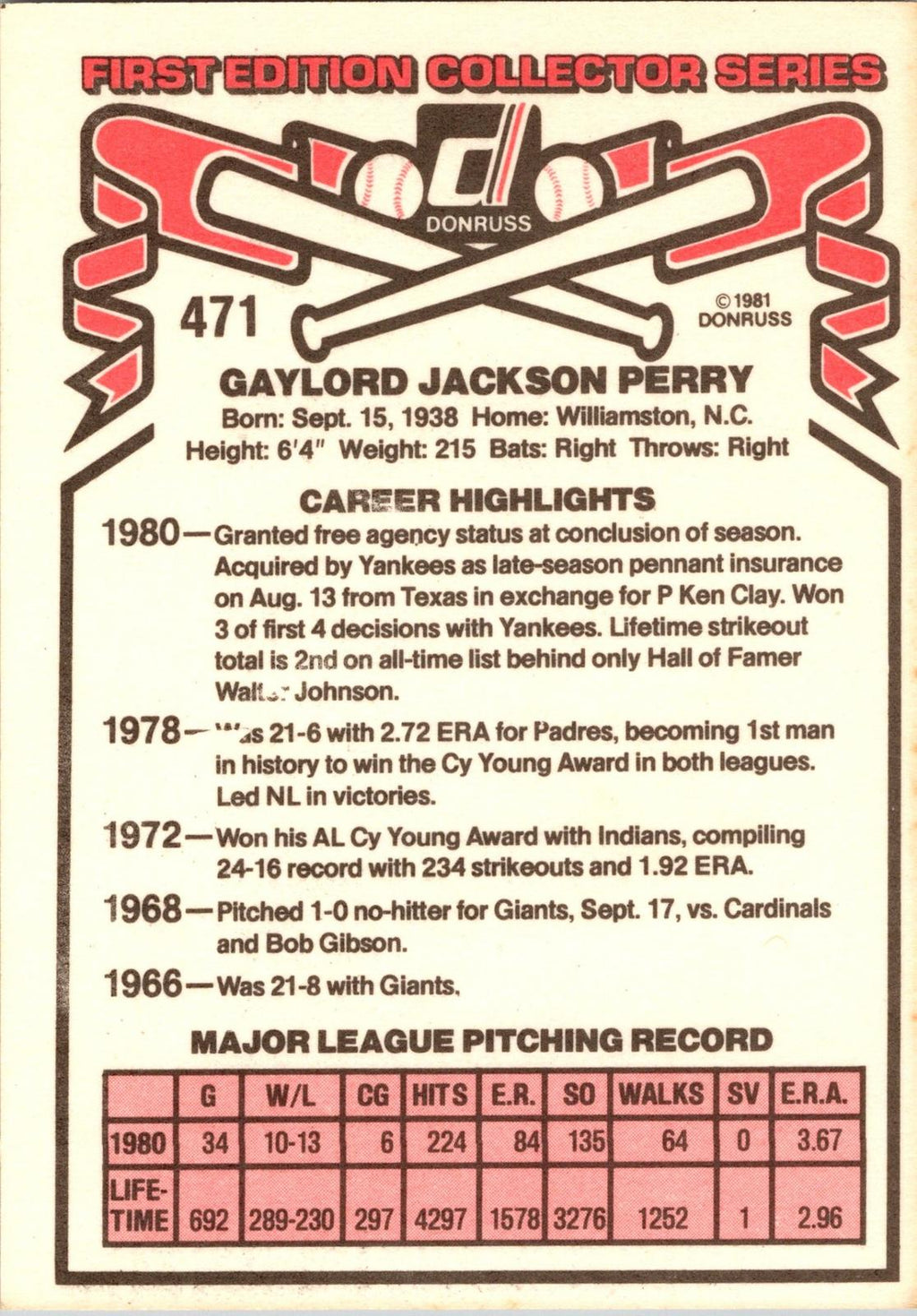 1981 Donruss #471 Gaylord Perry