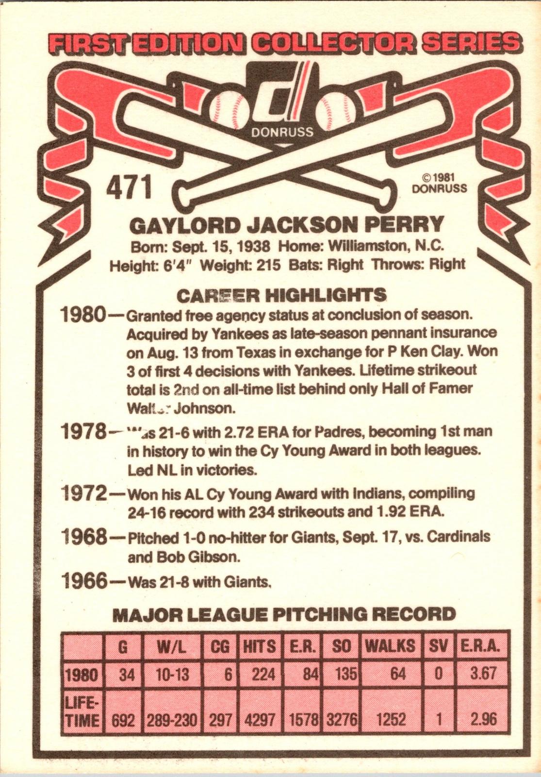 1981 Donruss #471 Gaylord Perry