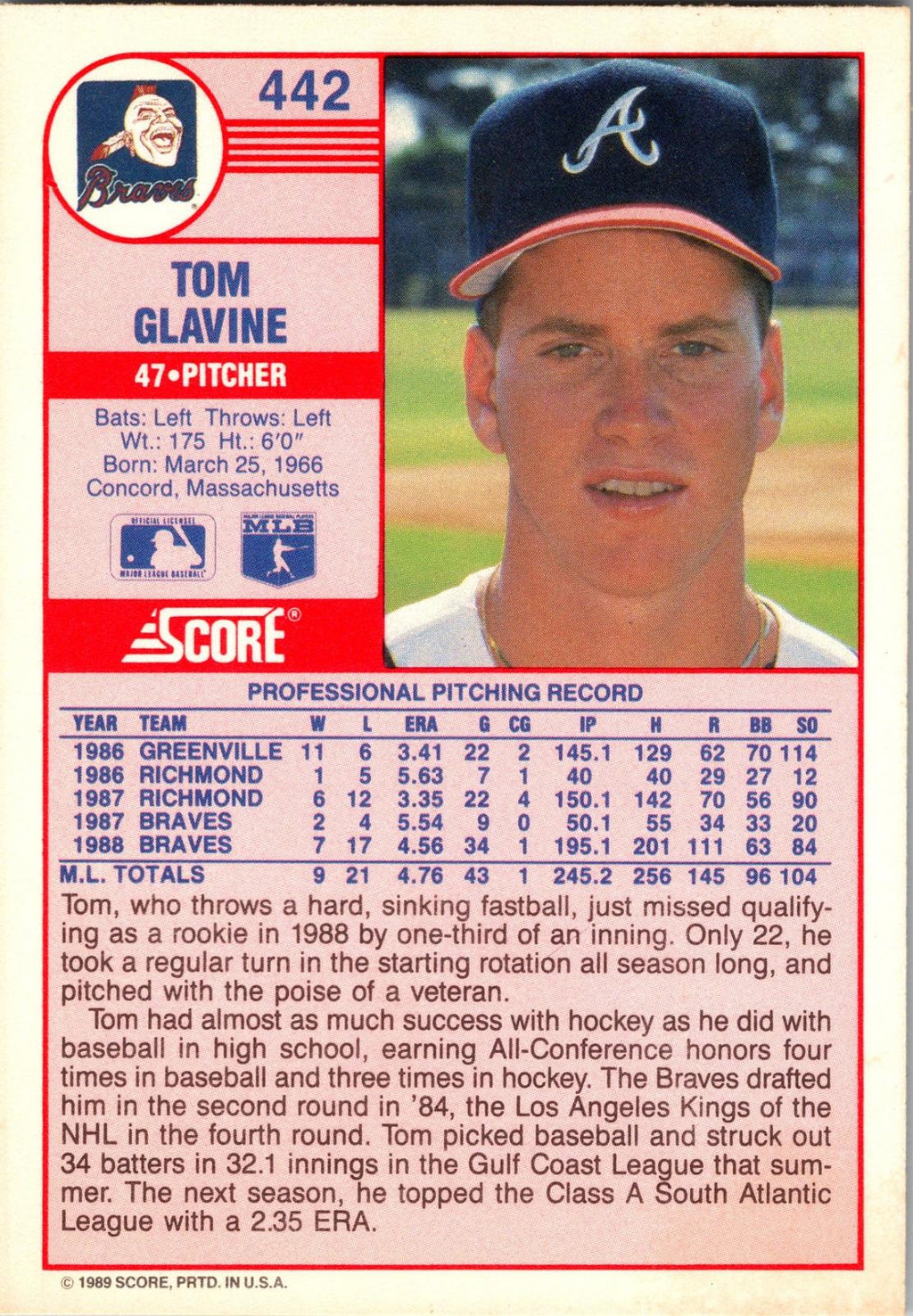 1989 Score #442 Tom Glavine