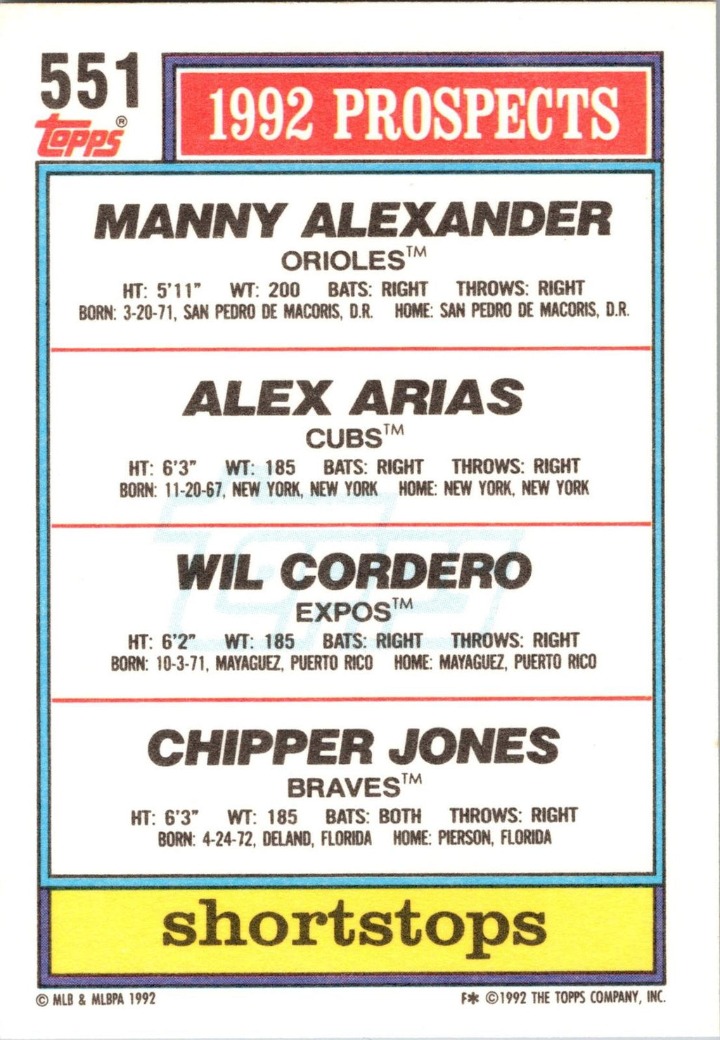 1992 Topps #551 1992 Top Prospects SS (Alexander / Arias / Cordero / Jones)