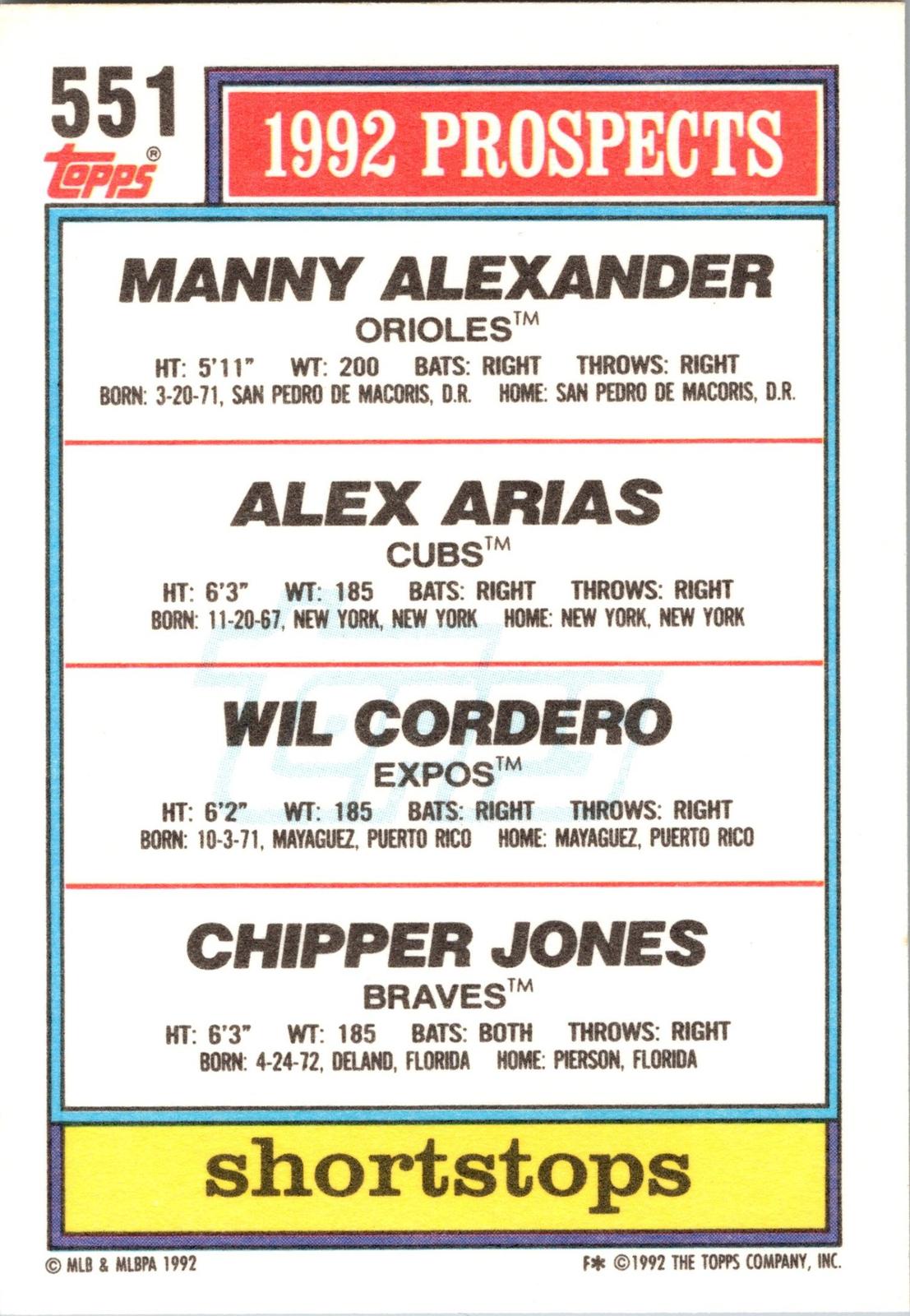 1992 Topps #551 1992 Top Prospects SS (Alexander / Arias / Cordero / Jones)