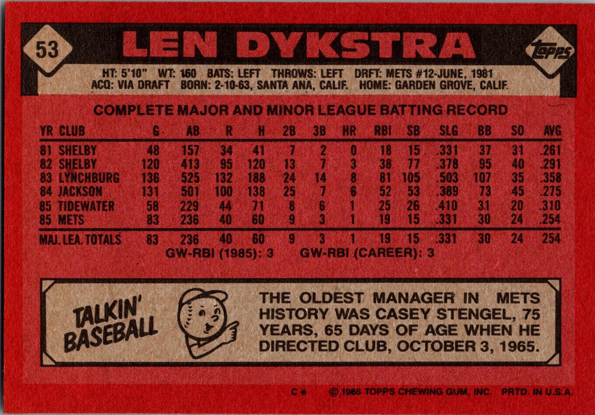 1986 Topps #53 Len Dykstra