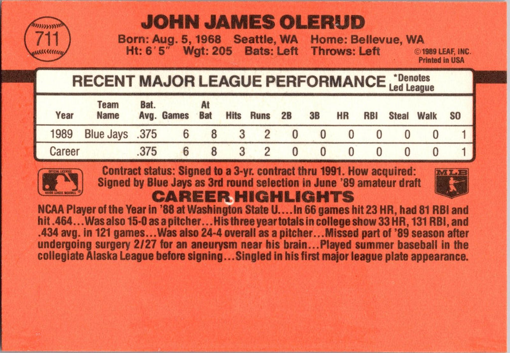 1990 Donruss #711b John Olerud