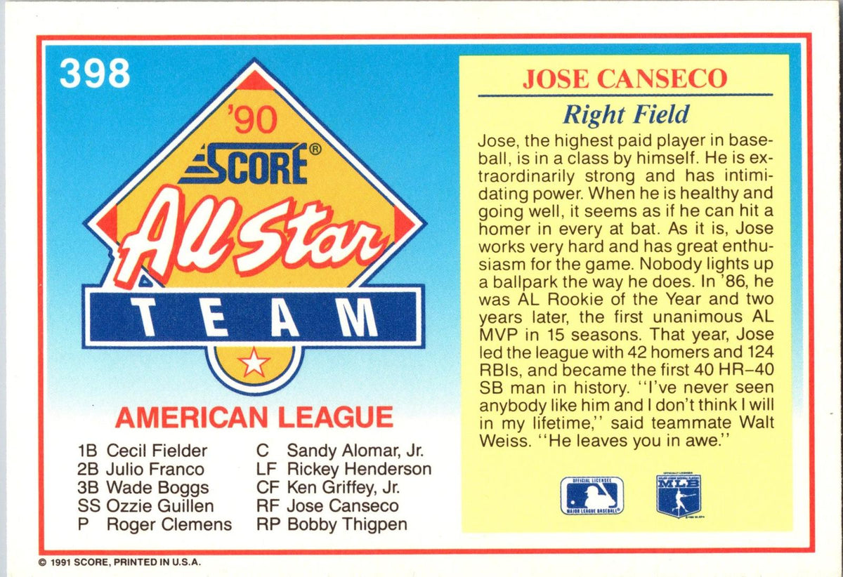 1991 Score #398 Jose Canseco