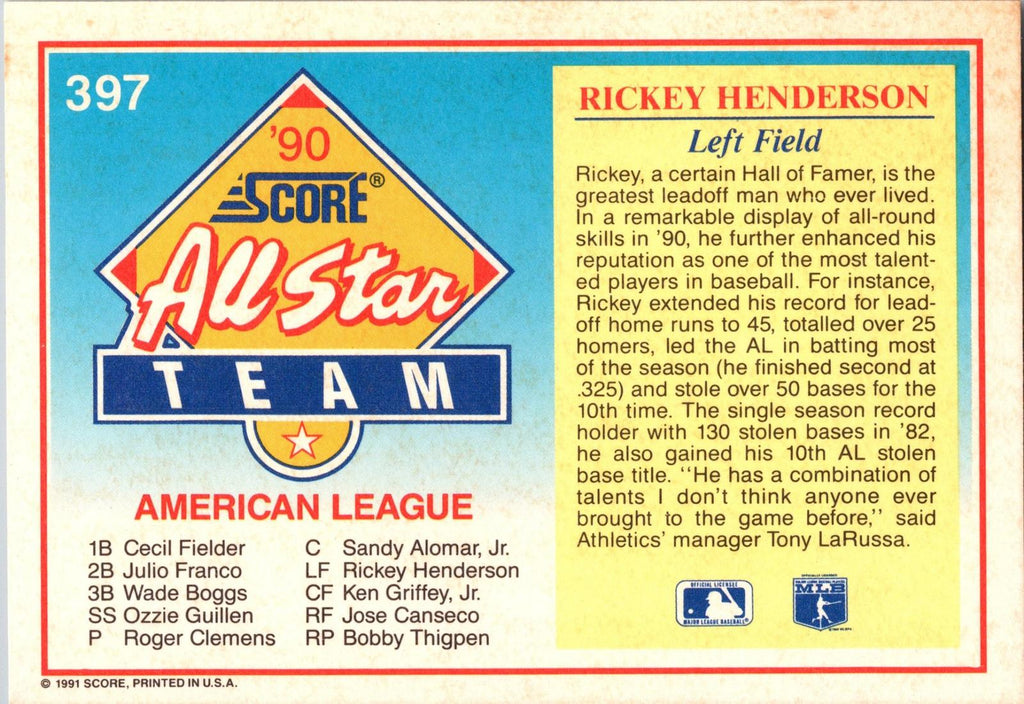1991 Score #397 Rickey Henderson