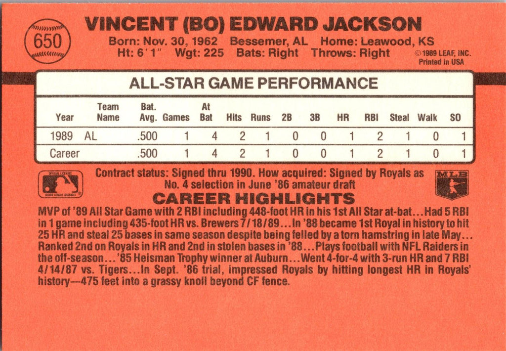1990 Donruss #650c Bo Jackson