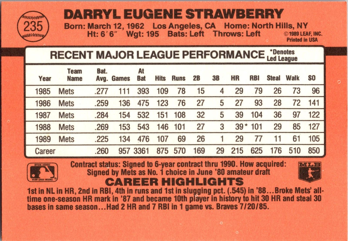 1990 Donruss #235 Darryl Strawberry