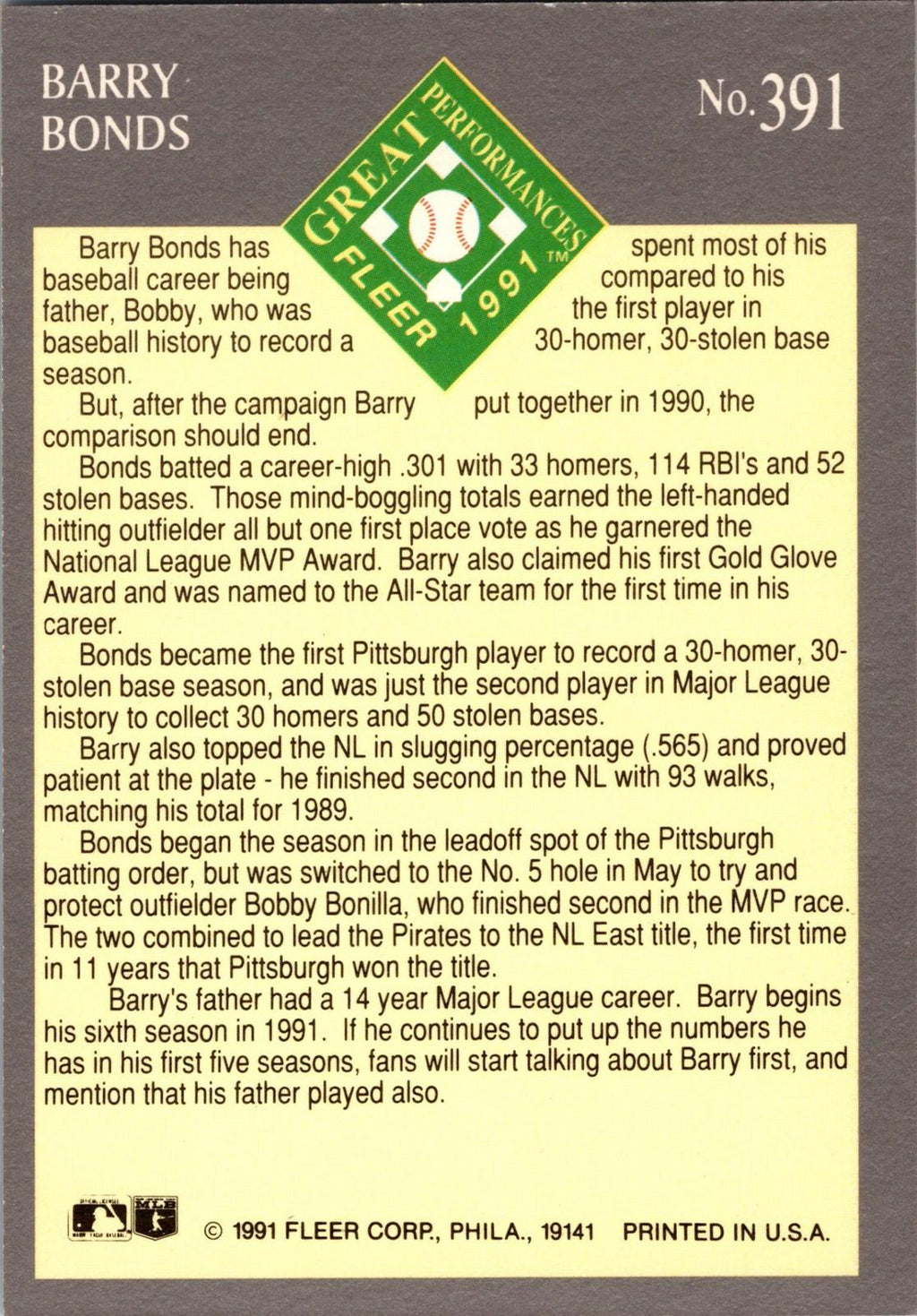 1991 Ultra #391 Barry Bonds