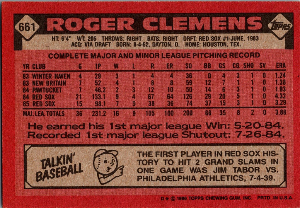 1986 Topps #661 Roger Clemens