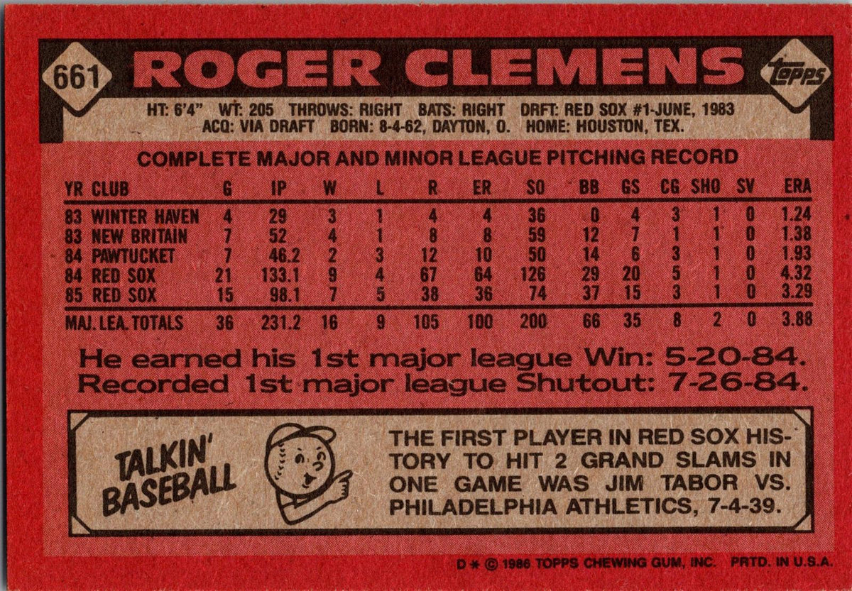 1986 Topps #661 Roger Clemens