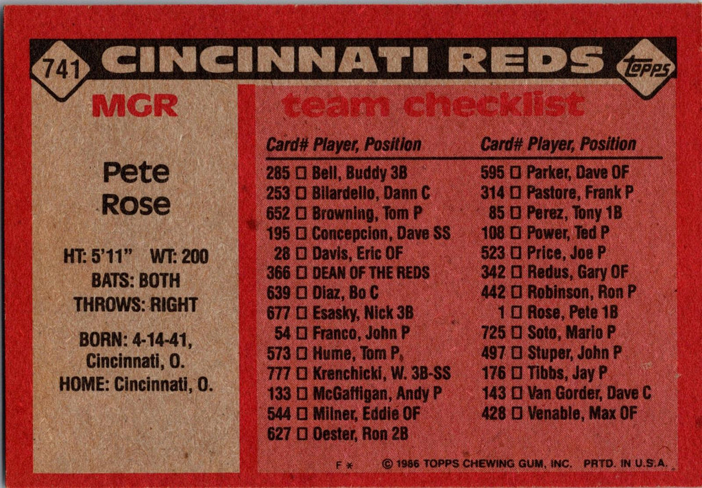 1986 Topps #741 Pete Rose