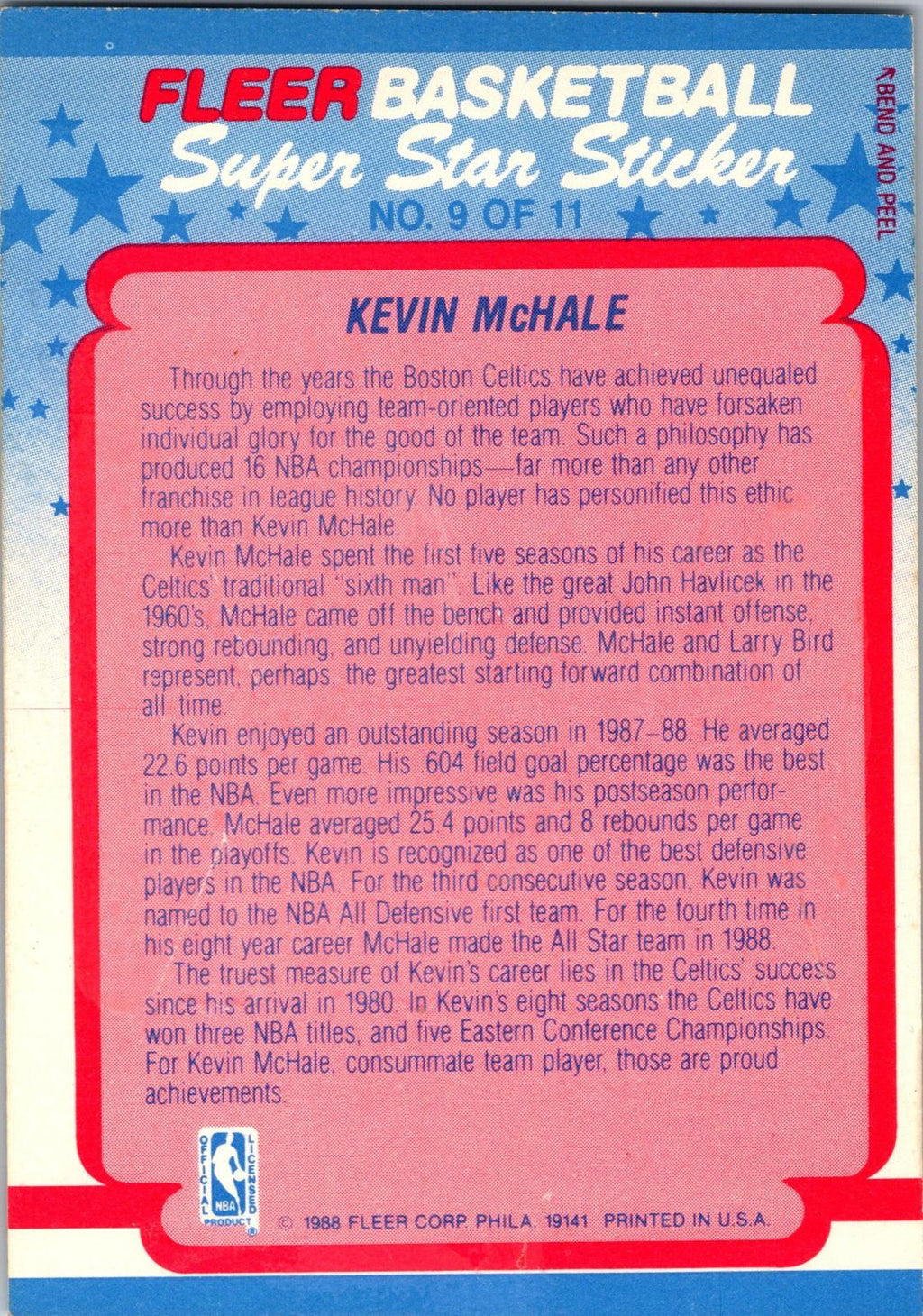 1988-89 Fleer #9 Kevin McHale Stickers