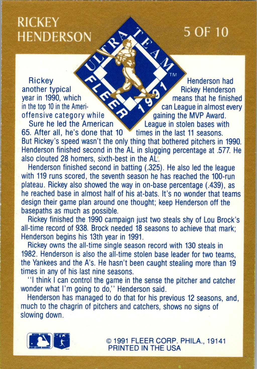 1991 Ultra #5 Rickey Henderson Ultra Team (Ultra Gold)