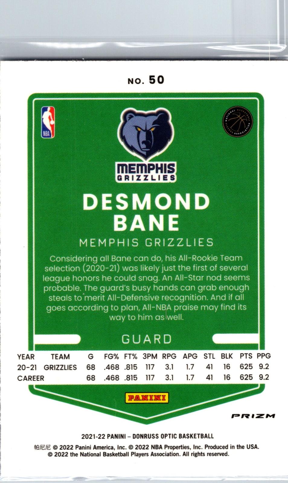 2021-22 Donruss Optic #50 Desmond Bane Blue Velocity