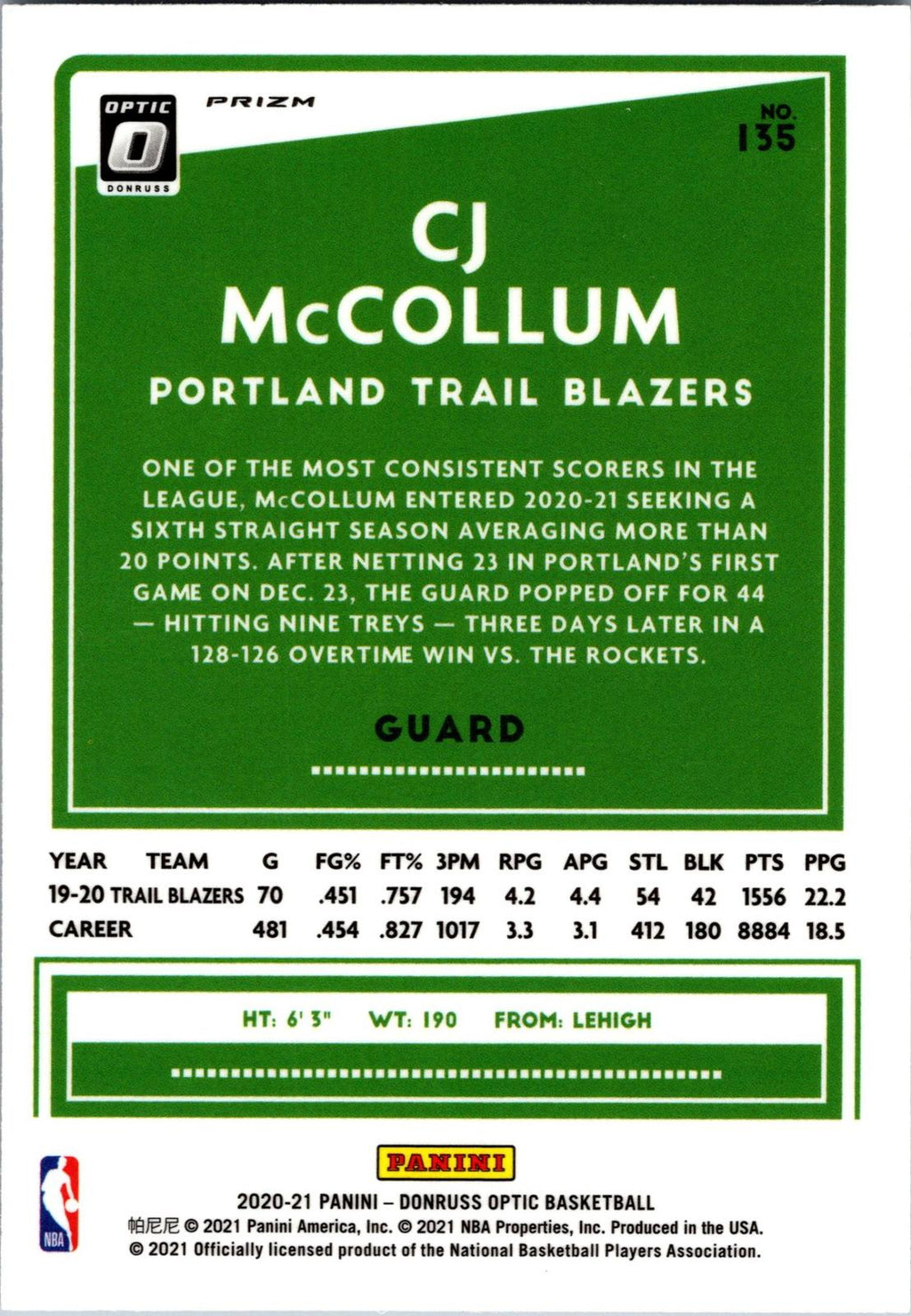 2020-21 Donruss Optic #135 CJ McCollum Silver Pulsar