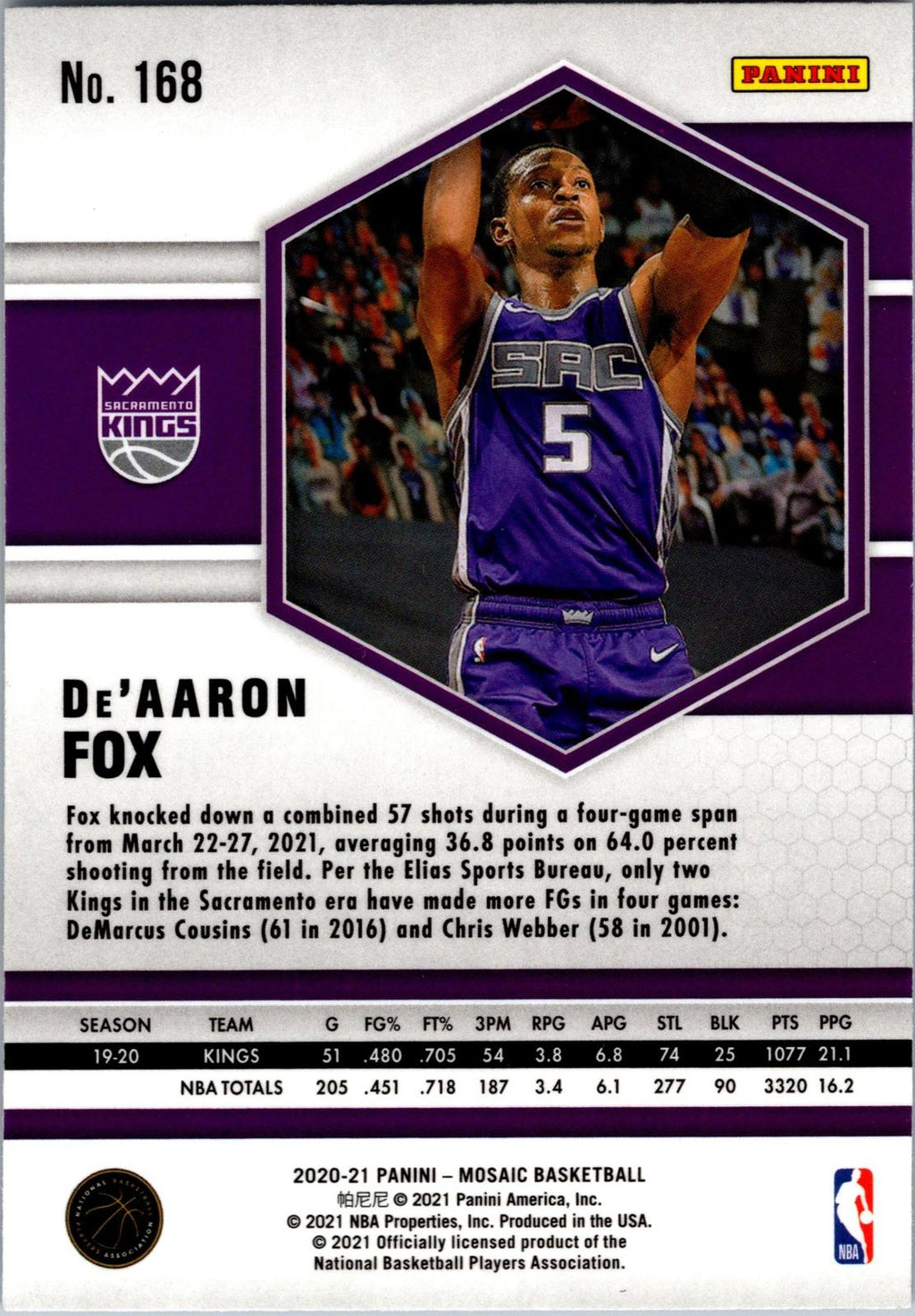 2020-21 Panini Mosaic #168 De'Aaron Fox