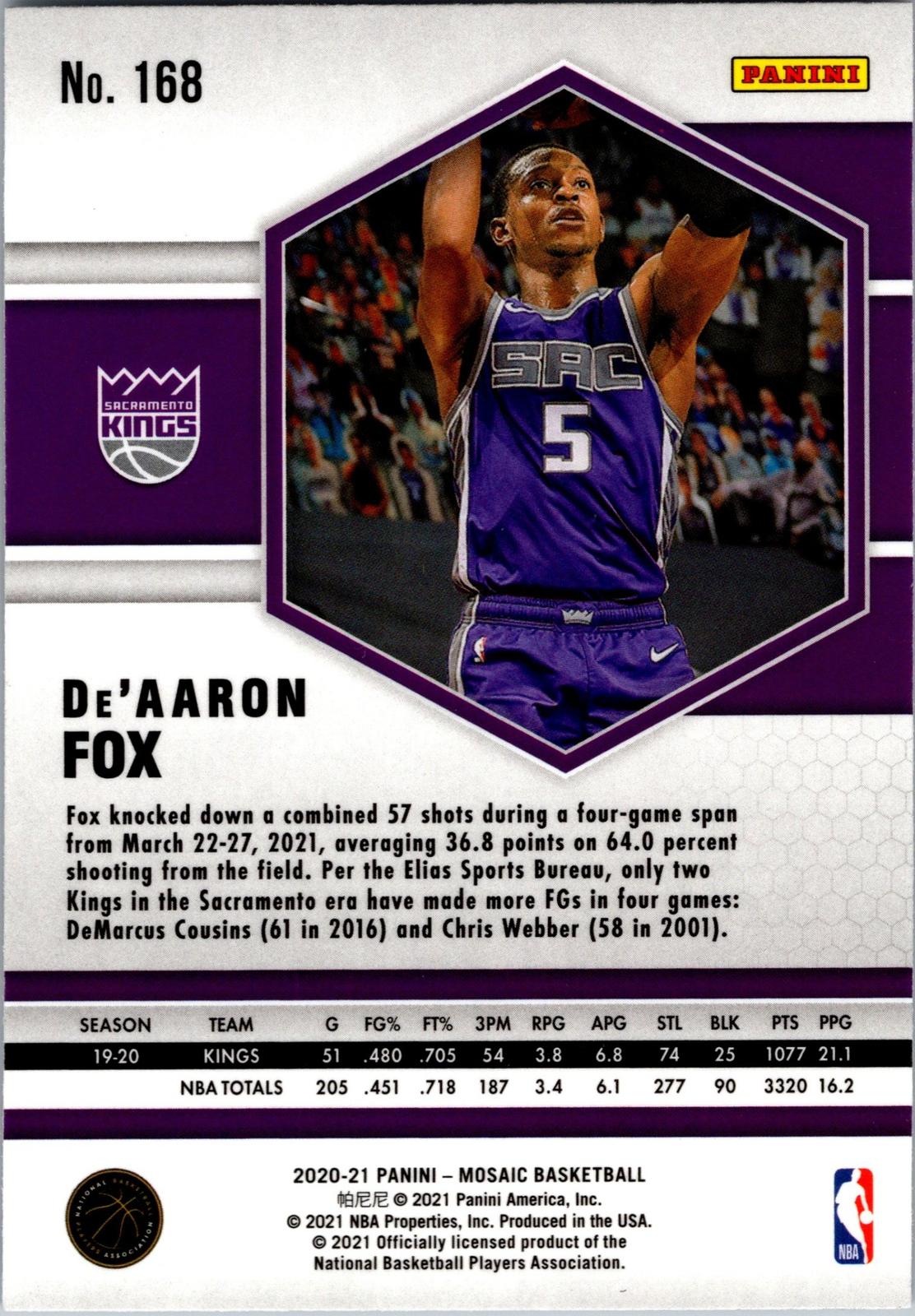 2020-21 Panini Mosaic #168 De'Aaron Fox