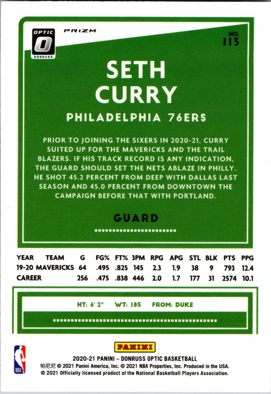 2020-21 Donruss Optic #113 Seth Curry Silver Pulsar