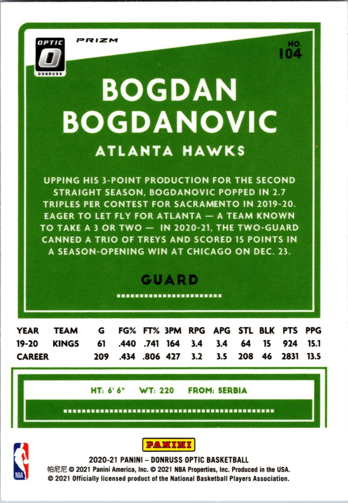 2020-21 Donruss Optic #104 Bogdan Bogdanovic Holo