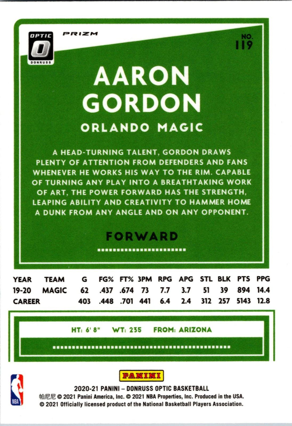 2020-21 Donruss Optic #119 Aaron Gordon Silver Pulsar