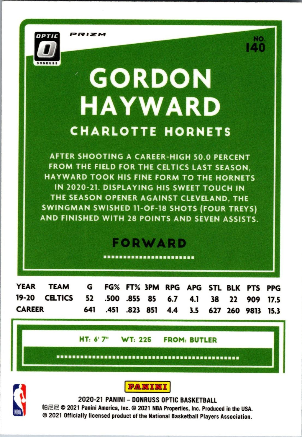 2020-21 Donruss Optic #140 Gordon Hayward Silver Pulsar