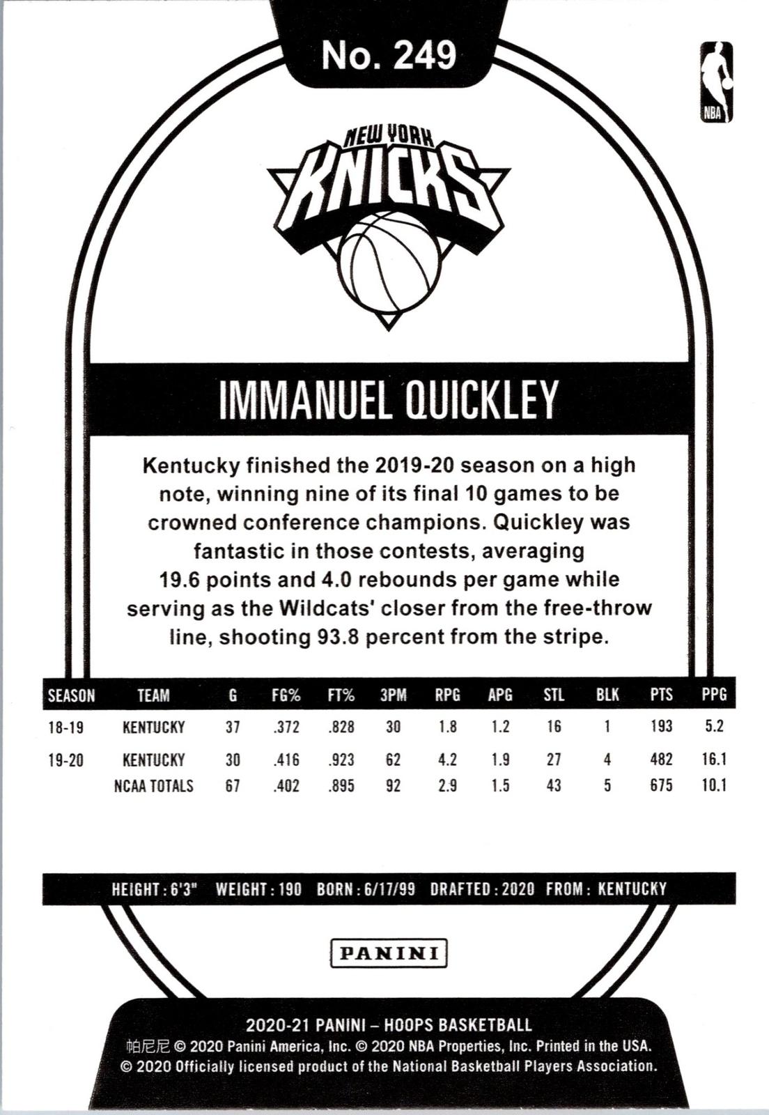 2020-21 Hoops Winter #249 Immanuel Quickley