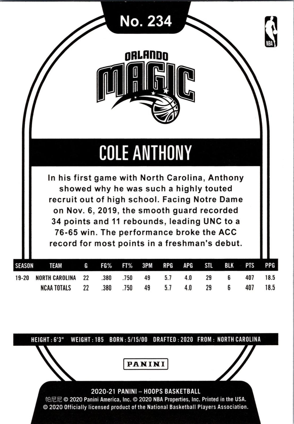 2020-21 Hoops #234 Cole Anthony Purple