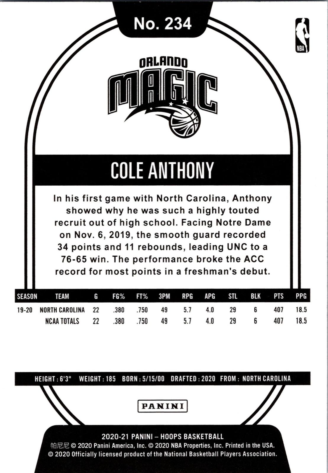 2020-21 Hoops #234 Cole Anthony Purple