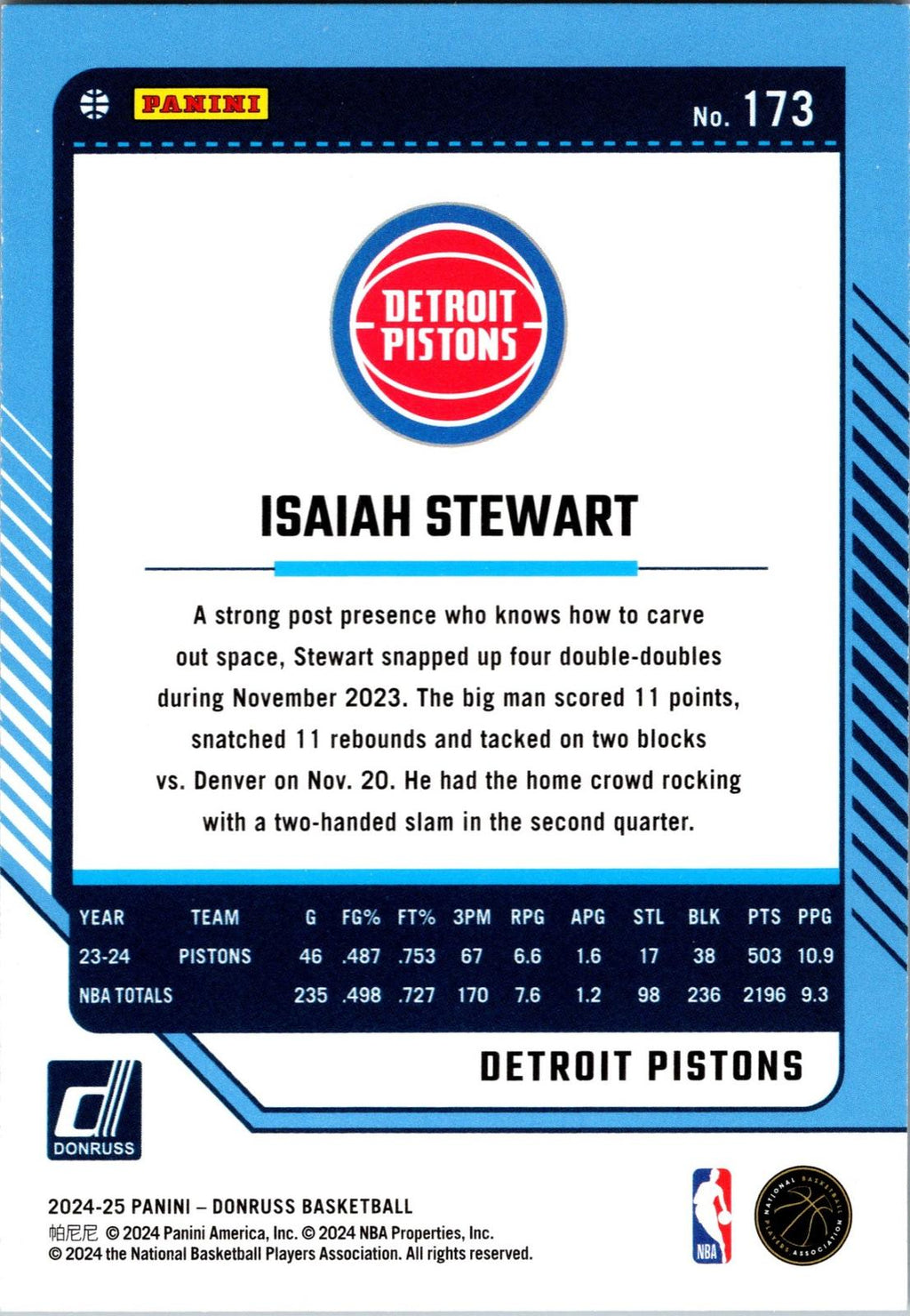 2024-25 Donruss #173 Isaiah Stewart Holo Green Laser