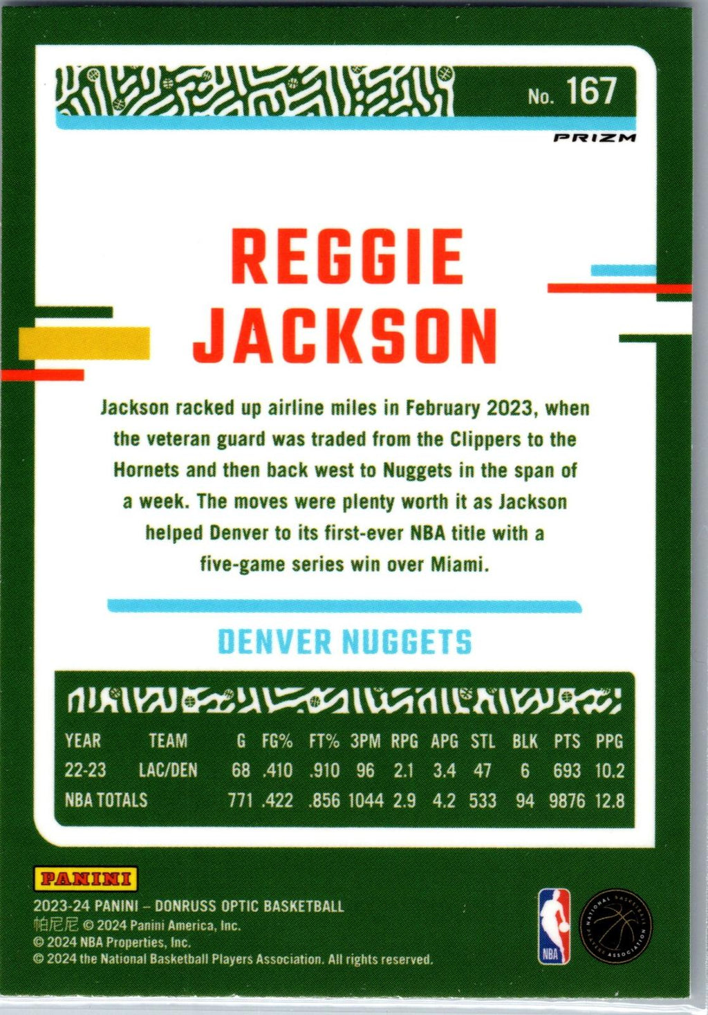 REGGIE JACKSON 2023-24 DONRUSS OPTIC DISCO PRIZM NUGGETS #167