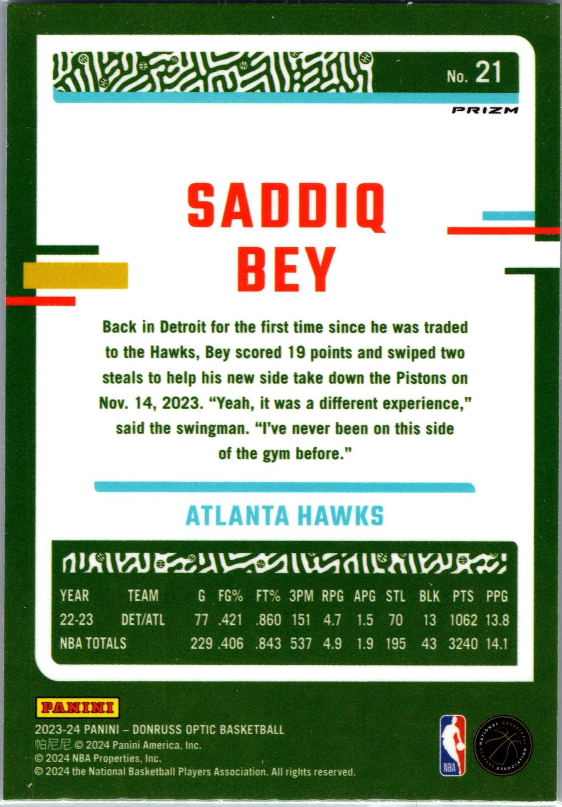 2023-24 Panini Donruss Optic Basketball Disco Prizm Saddiq Bey Hawks 21