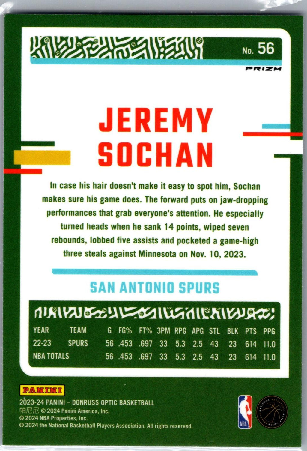 2023-24 Donruss Optic #56 Jeremy Sochan Holo