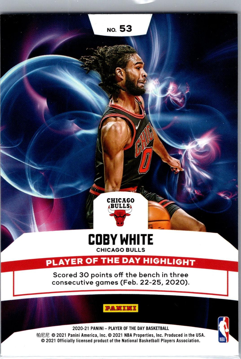 2020-21 Panini Player of the Day Coby White Chicago Bulls #53