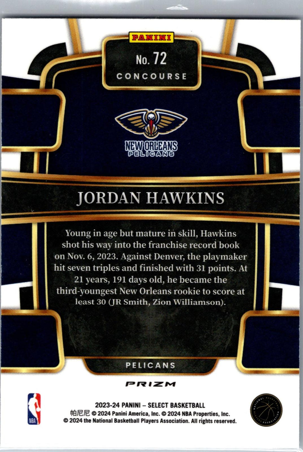 2023-24 Panini Select #72 Jordan Hawkins Silver Prizm